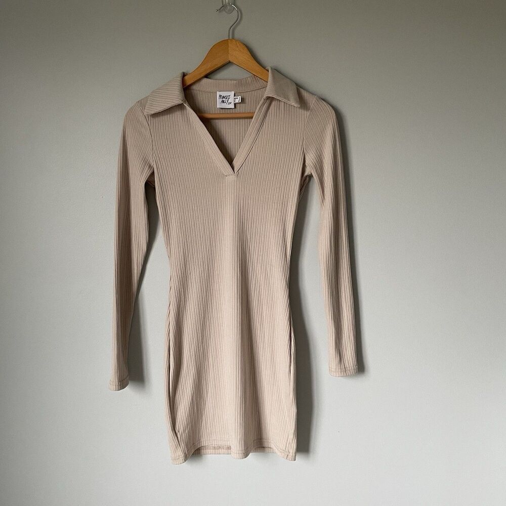 Princess Polly Women's Ribbed Mini Dress Long Sleeve Tan Collared Size 2